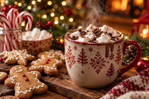 Hot chocolate and gingerbread by a glowing Christmas tree